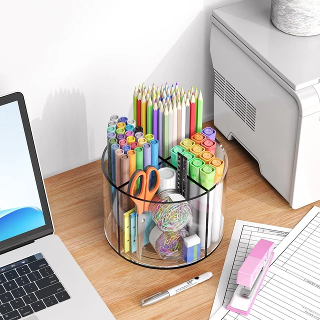 Alt view image 6 of 6 - Small Pencil Organizer for Desk Acrylic Art Organizer Clear 4 Compartments Rotating Art Supply Organizer for Kid Spinning Marker Caddy Pen Organizer for Desk