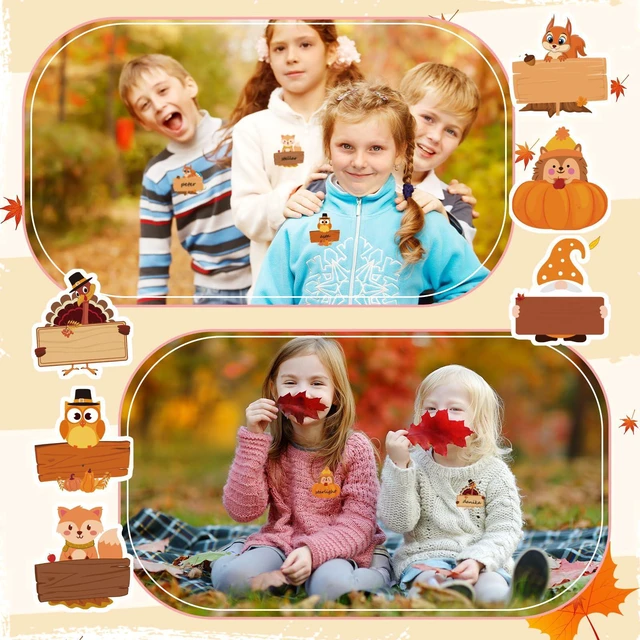Alt view image 6 of 7 - 108 Fall Thanksgiving Name Tags, 5.12 x 4.72 Inch Self Adhesive Labels Turkey and Pumpkin Artwork, Classroom Decor, Desk Identification, Food Labeling, Party Seating and Autumn Activity