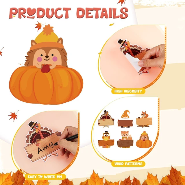 Alt view image 3 of 7 - 108 Fall Thanksgiving Name Tags, 5.12 x 4.72 Inch Self Adhesive Labels Turkey and Pumpkin Artwork, Classroom Decor, Desk Identification, Food Labeling, Party Seating and Autumn Activity