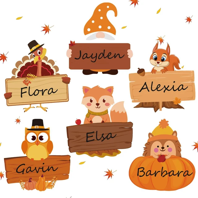 Main image of 108 Fall Thanksgiving Name Tags, 5.12 x 4.72 Inch Self Adhesive Labels Turkey and Pumpkin Artwork, Classroom Decor, Desk Identification, Food Labeling, Party Seating and Autumn Activity