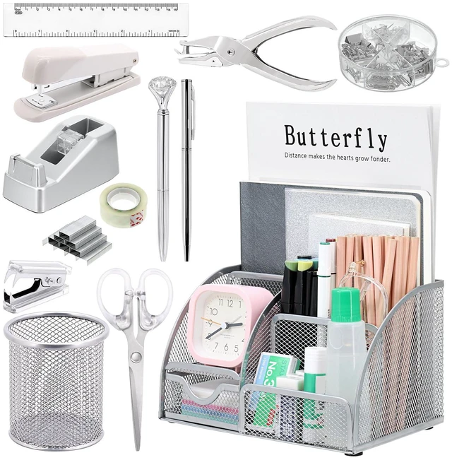 Main image of 13-in-1 Office Desk Organizer Set for Back to School Supplies Accessories Organizer Set with Stapler and Tape Dispenser, Pen Holder, Scissors, Ruler, Hole Punch, 2 Pens & More Desk Supplies