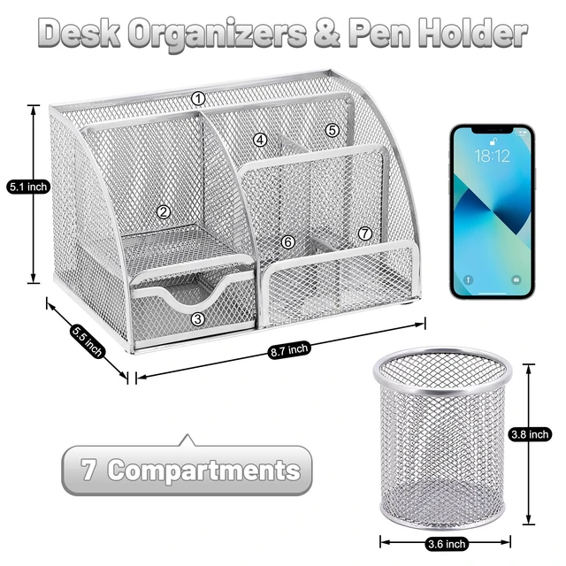 Alt view image 2 of 7 - 13-in-1 Office Desk Organizer Set for Back to School Supplies Accessories Organizer Set with Stapler and Tape Dispenser, Pen Holder, Scissors, Ruler, Hole Punch, 2 Pens & More Desk Supplies