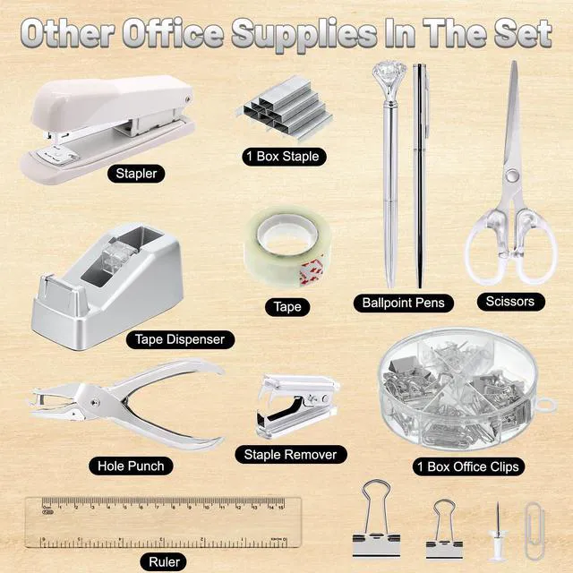 Alt view image 3 of 7 - 13-in-1 Office Desk Organizer Set for Back to School Supplies Accessories Organizer Set with Stapler and Tape Dispenser, Pen Holder, Scissors, Ruler, Hole Punch, 2 Pens & More Desk Supplies