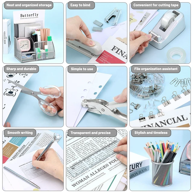 Alt view image 5 of 7 - 13-in-1 Office Desk Organizer Set for Back to School Supplies Accessories Organizer Set with Stapler and Tape Dispenser, Pen Holder, Scissors, Ruler, Hole Punch, 2 Pens & More Desk Supplies
