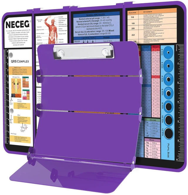 Main image of Nursing Clipboard Foldable, 4-Fold Aluminum Pocket Size, Purple Folding Clipboard with Medical Cheat Sheets, Metal Pen Clip & Privacy Protection for Nurses, Nursing Students & Doctors