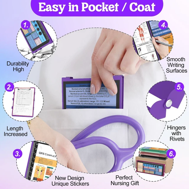 Alt view image 3 of 7 - Nursing Clipboard Foldable, 4-Fold Aluminum Pocket Size, Purple Folding Clipboard with Medical Cheat Sheets, Metal Pen Clip & Privacy Protection for Nurses, Nursing Students & Doctors