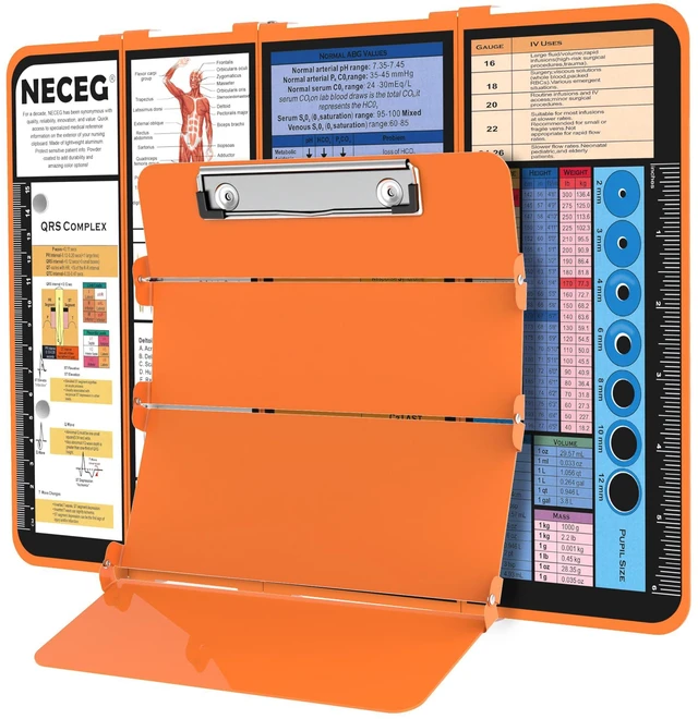 Main image of Nursing Clipboard Foldable, 4-Fold Aluminum Pocket Size, Orange Folding Clipboard with Medical Cheat Sheets, Metal Pen Clip & Privacy Protection for Nurses, Nursing Students & Doctors