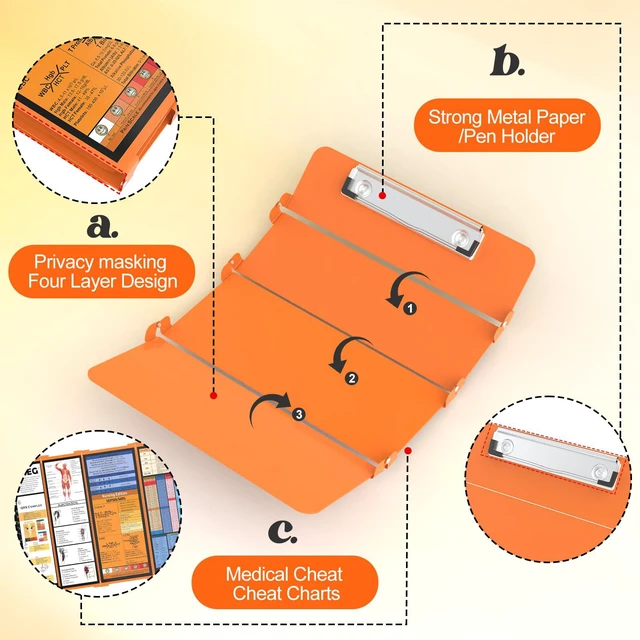Alt view image 4 of 7 - Nursing Clipboard Foldable, 4-Fold Aluminum Pocket Size, Orange Folding Clipboard with Medical Cheat Sheets, Metal Pen Clip & Privacy Protection for Nurses, Nursing Students & Doctors