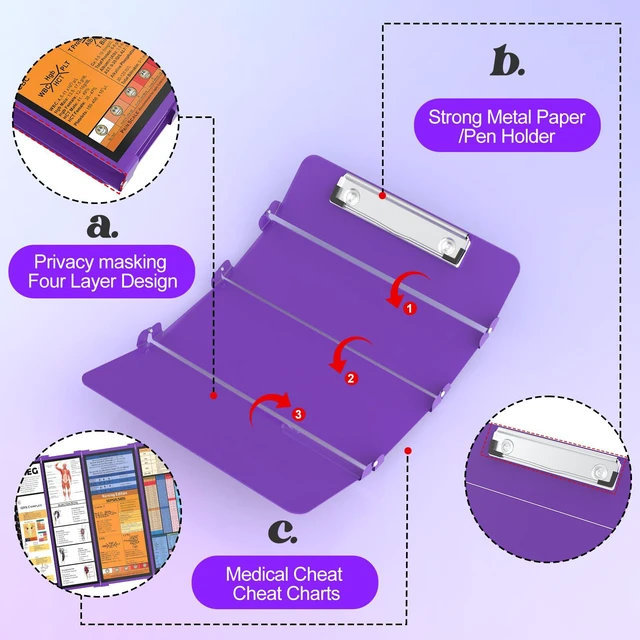 Alt view image 4 of 7 - Nursing Clipboard Foldable, 4-Fold Aluminum Pocket Size, Purple Folding Clipboard with Medical Cheat Sheets, Metal Pen Clip & Privacy Protection for Nurses, Nursing Students & Doctors