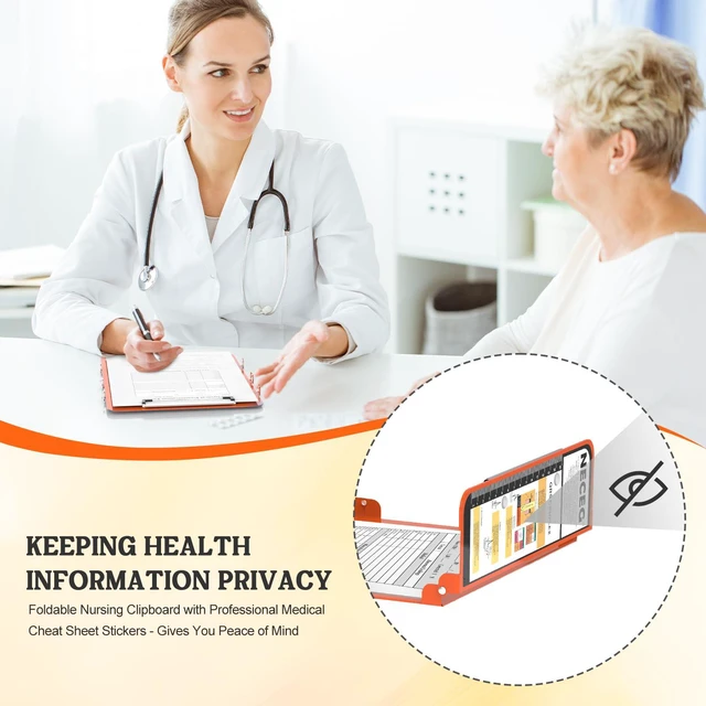 Alt view image 7 of 7 - Nursing Clipboard Foldable, 4-Fold Aluminum Pocket Size, Orange Folding Clipboard with Medical Cheat Sheets, Metal Pen Clip & Privacy Protection for Nurses, Nursing Students & Doctors