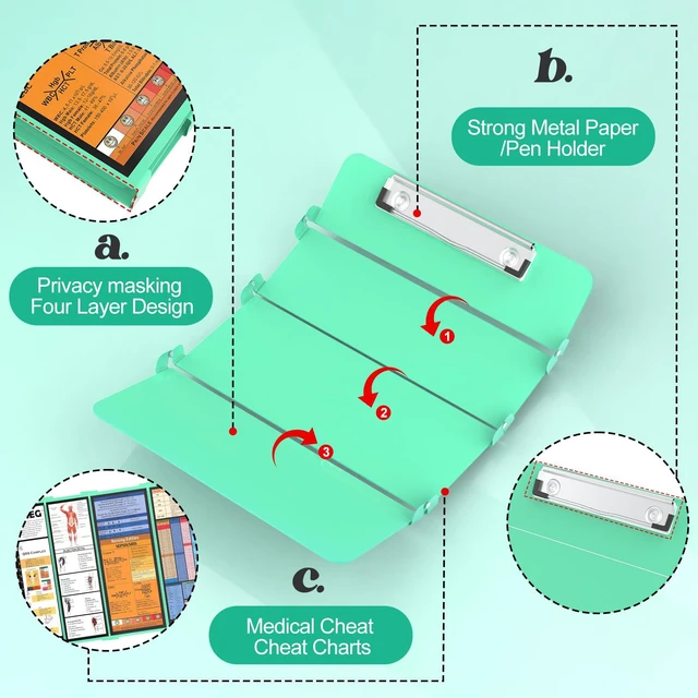 Alt view image 4 of 7 - Nursing Clipboard Foldable, 4-Fold Aluminum Pocket Size, Mint Folding Clipboard with Medical Cheat Sheets, Metal Pen Clip & Privacy Protection for Nurses, Nursing Students & Doctors