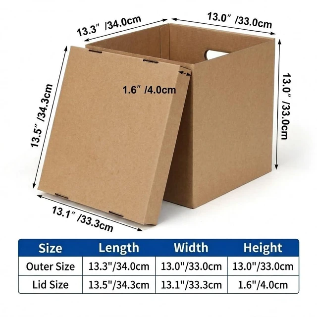 Alt view image 2 of 7 - Vinyl Record Storage Boxes with Lids 7 Pack, 13 Inch Cube, Collapsible Corrugated Cardboard, Quick Fold Assembly with Pre-Applied Adhesive, Side Cut-Out Handles, Home Office Organizer