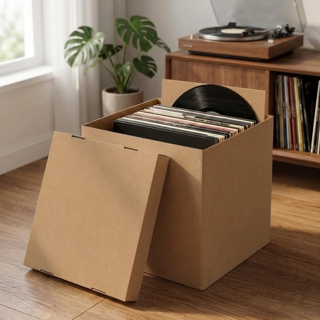 Alt view image 3 of 7 - Vinyl Record Storage Boxes with Lids 7 Pack, 13 Inch Cube, Collapsible Corrugated Cardboard, Quick Fold Assembly with Pre-Applied Adhesive, Side Cut-Out Handles, Home Office Organizer