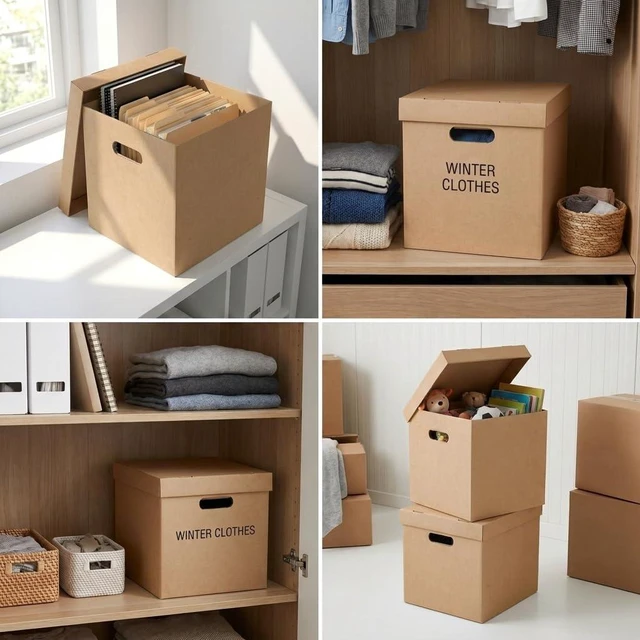 Alt view image 5 of 7 - Vinyl Record Storage Boxes with Lids 7 Pack, 13 Inch Cube, Collapsible Corrugated Cardboard, Quick Fold Assembly with Pre-Applied Adhesive, Side Cut-Out Handles, Home Office Organizer