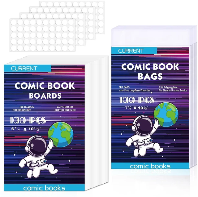 Main image of 100 Pack Comic Book Bags and Boards, Thick Acid-Free Current Comic Books Backing Boards, Clear Book Sleeves Protector 7.15" X 10.5"