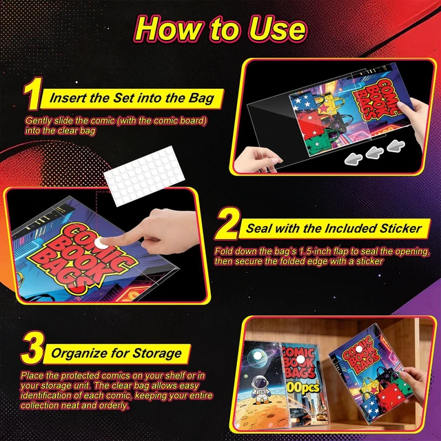 Alt view image 5 of 7 - 100 Pack Comic Book Bags and Boards, Thick Acid-Free Current Comic Books Backing Boards, Clear Book Sleeves Protector 7.15" X 10.5"