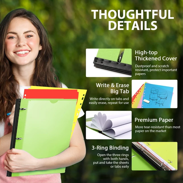 Alt view image 3 of 7 - 2-Pack Telescoping 3 Ring Binder Notebooks, Green Includes Front Cover / Tabbed Catalog Pocket / 5 Tab Dividers / 1 Pocket Folder / 60 Sheets of Paper