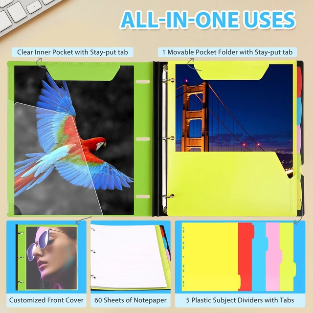 Alt view image 5 of 7 - 2-Pack Telescoping 3 Ring Binder Notebooks, Green Includes Front Cover / Tabbed Catalog Pocket / 5 Tab Dividers / 1 Pocket Folder / 60 Sheets of Paper