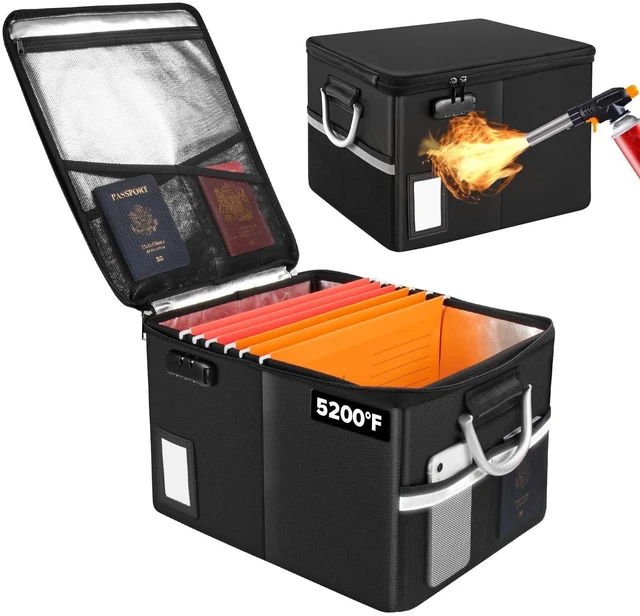 Main image of 5200°F Fireproof Document Box, Fire Important Document Organizer with Lock, Upgraded Heat Insulated Filing Storage Cabinet Office Organization (5200°F Fireproof Box, Black)