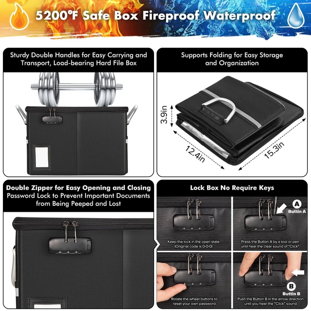 Alt view image 2 of 5 - 5200°F Fireproof Document Box, Fire Important Document Organizer with Lock, Upgraded Heat Insulated Filing Storage Cabinet Office Organization (5200°F Fireproof Box, Black)