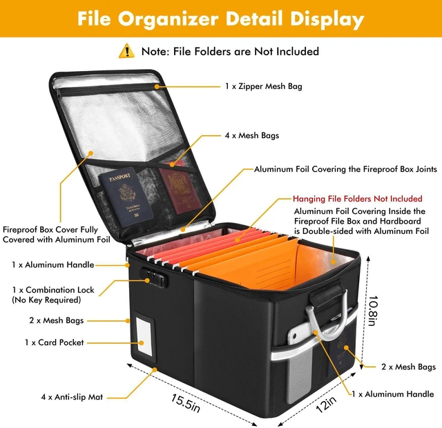 Alt view image 3 of 5 - 5200°F Fireproof Document Box, Fire Important Document Organizer with Lock, Upgraded Heat Insulated Filing Storage Cabinet Office Organization (5200°F Fireproof Box, Black)