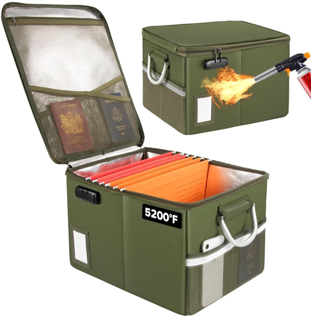 Main image of 5200°F Fireproof Document Box, Fire Important Document Organizer with Lock, Upgraded Heat Insulated Filing Storage Cabinet Office Organization (5200°F Fireproof Box, Green)