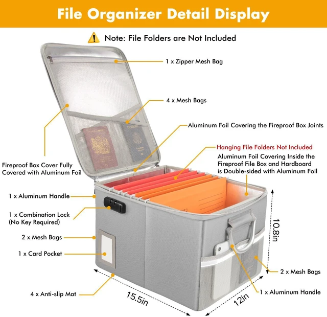 Alt view image 3 of 5 - 5200°F Fireproof Document Box, Fire Important Document Organizer with Lock, Upgraded Heat Insulated Filing Storage Cabinet Office Organization (5200°F Fireproof Box, Silver)