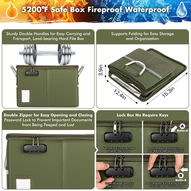 Alt view image 2 of 5 - 5200°F Fireproof Document Box, Fire Important Document Organizer with Lock, Upgraded Heat Insulated Filing Storage Cabinet Office Organization (5200°F Fireproof Box, Green)