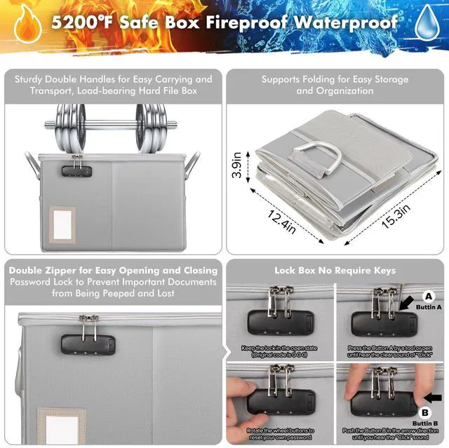 Alt view image 2 of 5 - 5200°F Fireproof Document Box, Fire Important Document Organizer with Lock, Upgraded Heat Insulated Filing Storage Cabinet Office Organization (5200°F Fireproof Box, Silver)