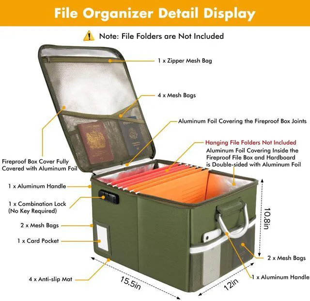 Alt view image 3 of 5 - 5200°F Fireproof Document Box, Fire Important Document Organizer with Lock, Upgraded Heat Insulated Filing Storage Cabinet Office Organization (5200°F Fireproof Box, Green)