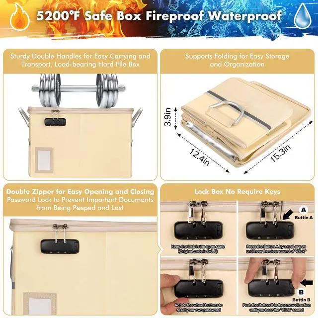 Alt view image 2 of 5 - 5200°F Fireproof Document Box, Fire Important Document Organizer with Lock, Upgraded Heat Insulated Filing Storage Cabinet Office Organization (5200°F Fireproof Box, Off-white)