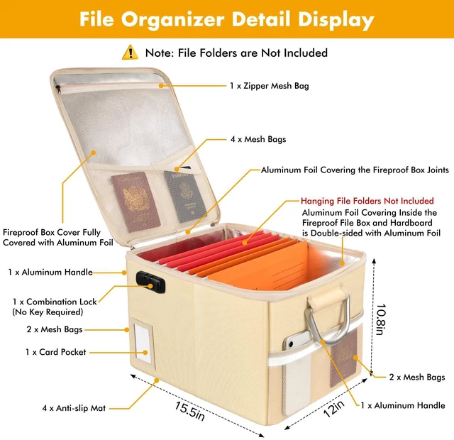 Alt view image 3 of 5 - 5200°F Fireproof Document Box, Fire Important Document Organizer with Lock, Upgraded Heat Insulated Filing Storage Cabinet Office Organization (5200°F Fireproof Box, Off-white)