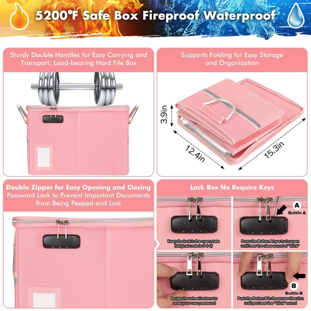 Alt view image 2 of 5 - 5200°F Fireproof Document Box, Fire Important Document Organizer with Lock, Upgraded Heat Insulated Filing Storage Cabinet Office Organization (5200°F Fireproof Box, Pink)