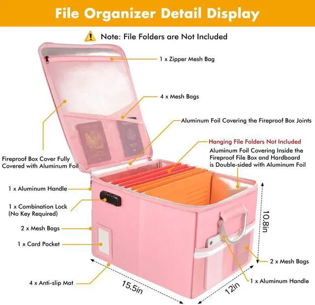 Alt view image 3 of 5 - 5200°F Fireproof Document Box, Fire Important Document Organizer with Lock, Upgraded Heat Insulated Filing Storage Cabinet Office Organization (5200°F Fireproof Box, Pink)