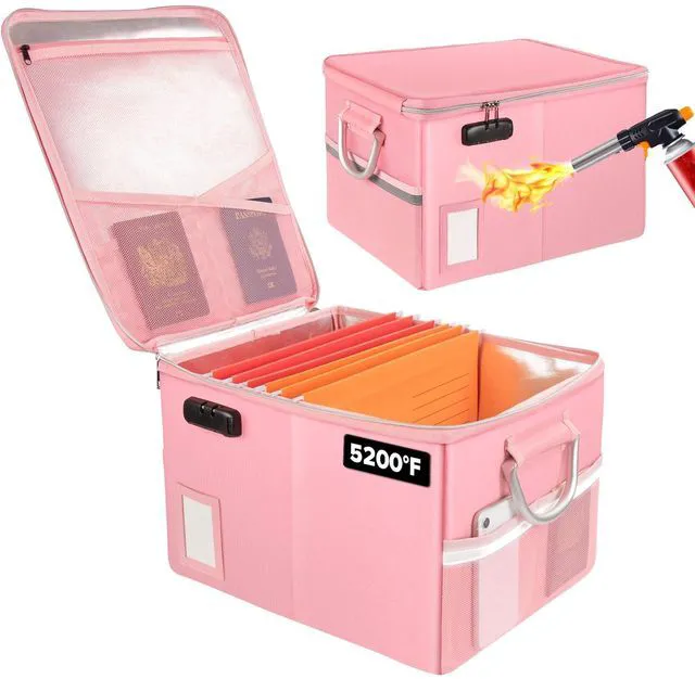 Main image of 5200°F Fireproof Document Box, Fire Important Document Organizer with Lock, Upgraded Heat Insulated Filing Storage Cabinet Office Organization (5200°F Fireproof Box, Pink)