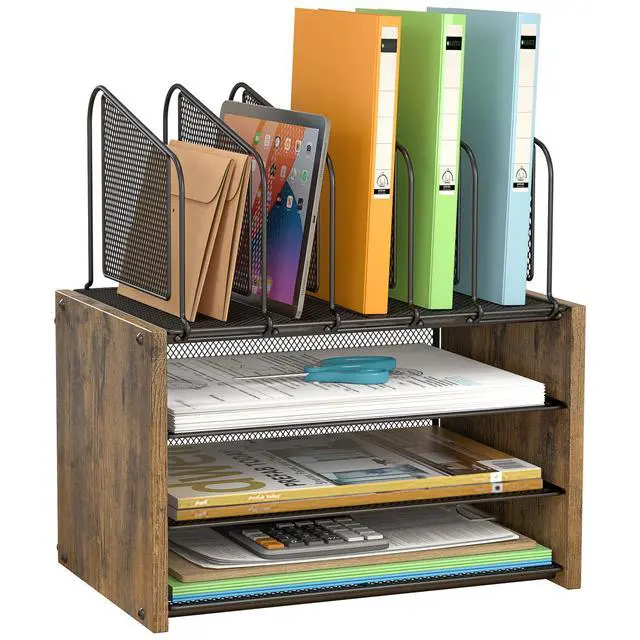 Main image of 4-Tier Desk Organizer, Desk File Organizer with 5 Vertical File Holders, Office Desktop Organizer with 3 Level Paper Organizer Letter Tray, Wooden Desk Organizers and Accessories for Home Office