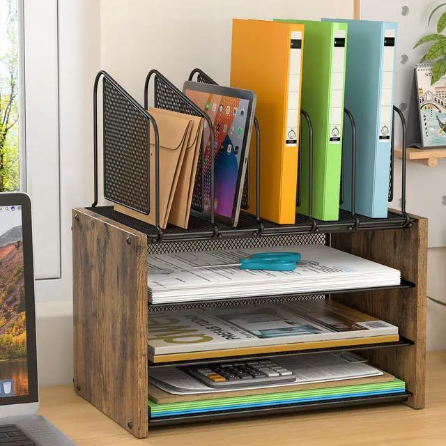 Alt view image 2 of 7 - 4-Tier Desk Organizer, Desk File Organizer with 5 Vertical File Holders, Office Desktop Organizer with 3 Level Paper Organizer Letter Tray, Wooden Desk Organizers and Accessories for Home Office