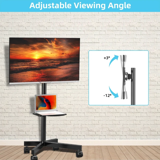 Alt view image 7 of 7 - Mobile TV Carts on Wheels for 21-60 Inch Flat/Curved Panel Screens TVs Unlimited Point Height Adjustable Tilting TV Floor Trolley Stand with Shelf Holds up to 77lbs - Max VESA 400x400mm