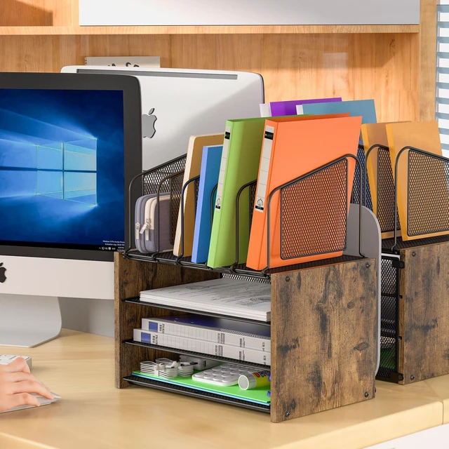 Alt view image 3 of 7 - 4-Tier Desk Organizer, Desk File Organizer with 5 Vertical File Holders, Office Desktop Organizer with 3 Level Paper Organizer Letter Tray, Wooden Desk Organizers and Accessories for Home Office