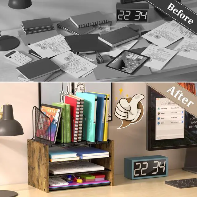 Alt view image 4 of 7 - 4-Tier Desk Organizer, Desk File Organizer with 5 Vertical File Holders, Office Desktop Organizer with 3 Level Paper Organizer Letter Tray, Wooden Desk Organizers and Accessories for Home Office