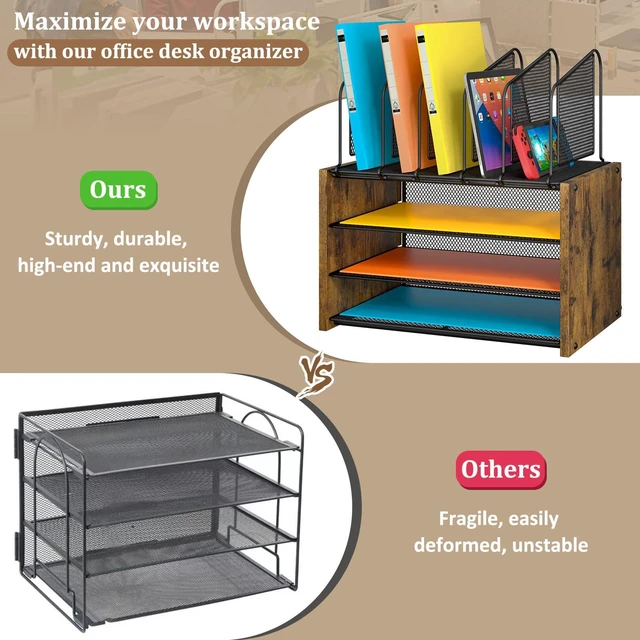 Alt view image 5 of 7 - 4-Tier Desk Organizer, Desk File Organizer with 5 Vertical File Holders, Office Desktop Organizer with 3 Level Paper Organizer Letter Tray, Wooden Desk Organizers and Accessories for Home Office