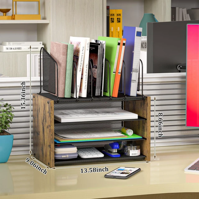 Alt view image 6 of 7 - 4-Tier Desk Organizer, Desk File Organizer with 5 Vertical File Holders, Office Desktop Organizer with 3 Level Paper Organizer Letter Tray, Wooden Desk Organizers and Accessories for Home Office