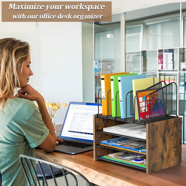 Alt view image 7 of 7 - 4-Tier Desk Organizer, Desk File Organizer with 5 Vertical File Holders, Office Desktop Organizer with 3 Level Paper Organizer Letter Tray, Wooden Desk Organizers and Accessories for Home Office