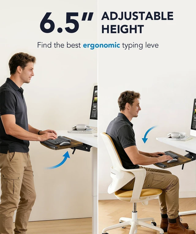 Alt view image 2 of 7 - Keyboard Tray Under Desk with Storage Drawer, Height Adjustable Keyboard Tray Slide Out 360° Swivel Tilt, Ergonomic Under Desk Mount Keyboard & Mouse Holder for Gaming Home Office, Vintage