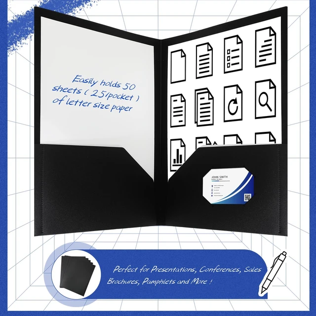 Alt view image 3 of 7 - 50 Pack Plastic Folders with Pocket Bulk 2 Pocket Heavy Duty Letter Size Folders Business Card Holder for School Office File(Black Color)