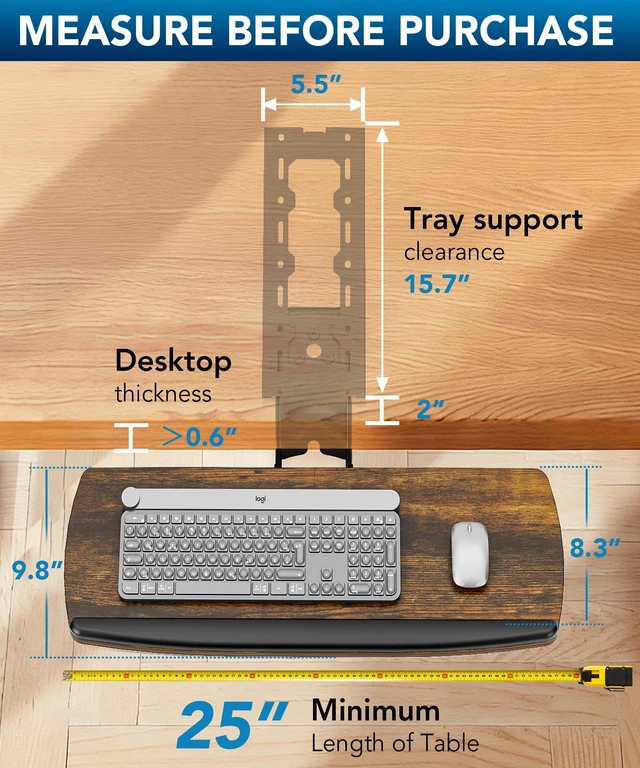 Alt view image 3 of 7 - Keyboard Tray Under Desk with Storage Drawer, Height Adjustable Keyboard Tray Slide Out 360° Swivel Tilt, Ergonomic Under Desk Mount Keyboard & Mouse Holder for Gaming Home Office, Vintage