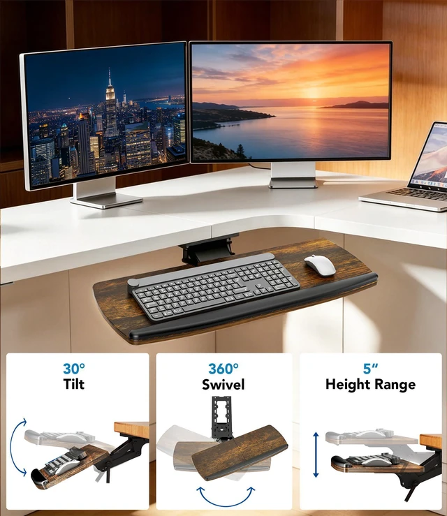 Alt view image 4 of 7 - Keyboard Tray Under Desk with Storage Drawer, Height Adjustable Keyboard Tray Slide Out 360° Swivel Tilt, Ergonomic Under Desk Mount Keyboard & Mouse Holder for Gaming Home Office, Vintage