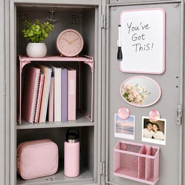 Alt view image 2 of 7 - Pink Locker Accessories for Girls 11 Pcs Back to School Locker Decoration Supplies with Shelf Magnetic Mirror Whiteboard Pen Holder Magnets Locker Organizer Set for School Office