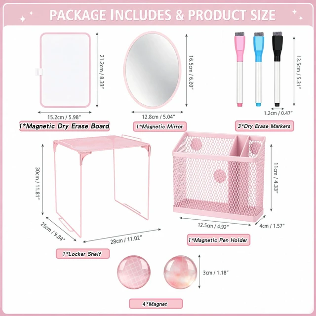 Alt view image 3 of 7 - Pink Locker Accessories for Girls 11 Pcs Back to School Locker Decoration Supplies with Shelf Magnetic Mirror Whiteboard Pen Holder Magnets Locker Organizer Set for School Office