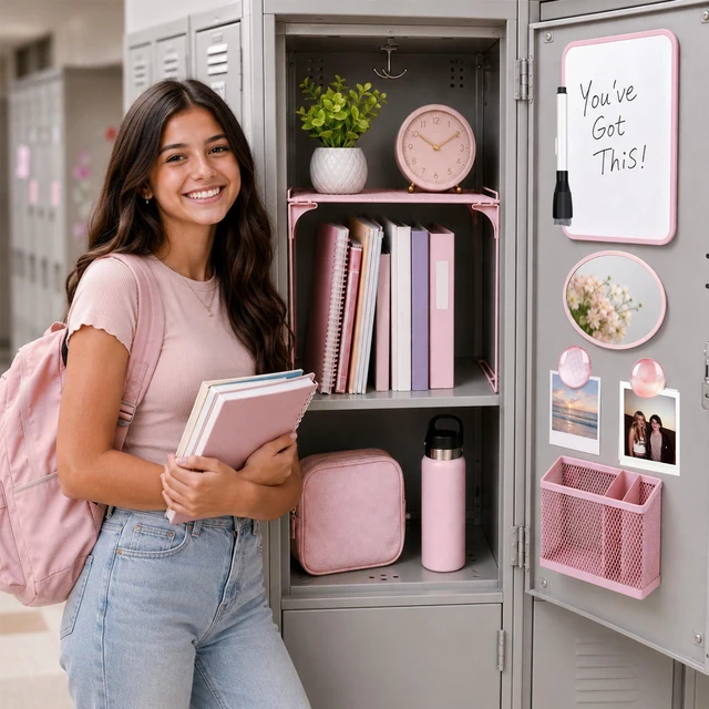 Alt view image 4 of 7 - Pink Locker Accessories for Girls 11 Pcs Back to School Locker Decoration Supplies with Shelf Magnetic Mirror Whiteboard Pen Holder Magnets Locker Organizer Set for School Office